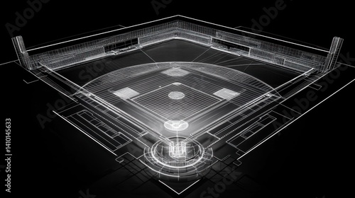 Baseball stadium blueprint on dark background