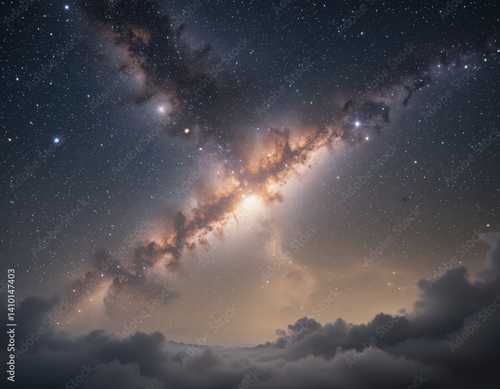 Fototapeta premium A deep, inky black sky filled with swirling clouds, hinting at an impending storm, with occasional flashes of distant lightning illuminating the scene, creating a dramatic atmosphere.