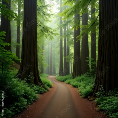 Path through a redwood forest towering tree