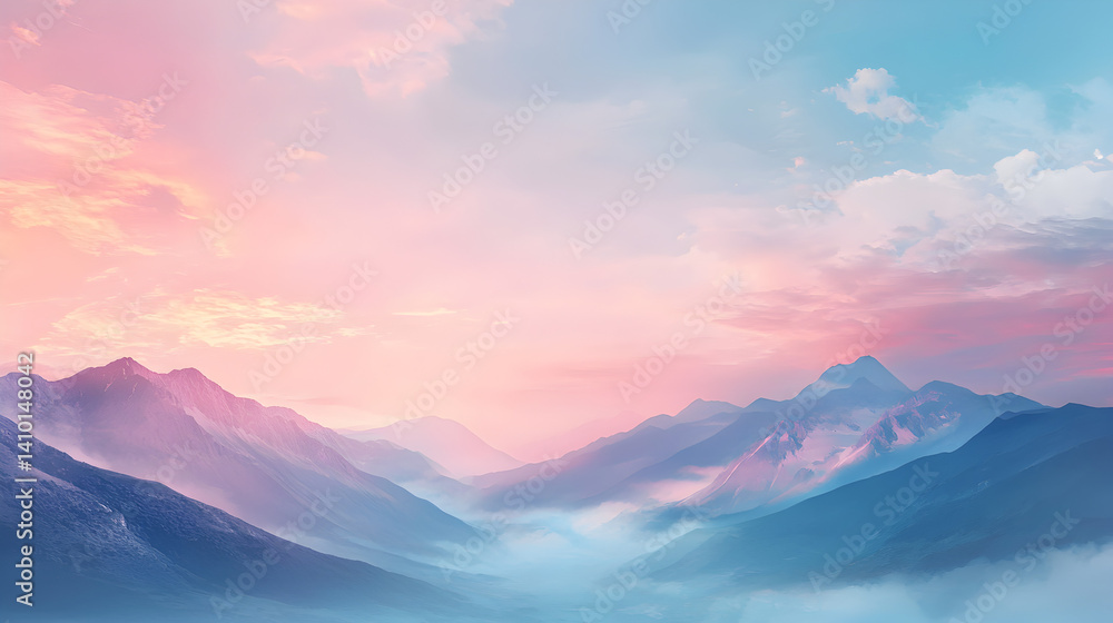 Obraz premium landscape with soft pastel mountains fading into a dreamy pink and blue sky 