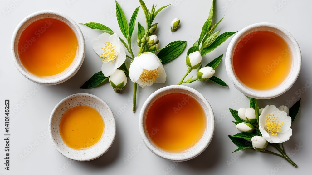 Four white cups with tea and flowers on top. The cups are arranged in a row, with one cup in the front and three in the back. The flowers are white and green, and they are scattered around the cups Four white cups with tea and flowers on top. The cups are arranged in a row, with one cup in the front and three in the back. The flowers are white and green, and they are scattered around the cups