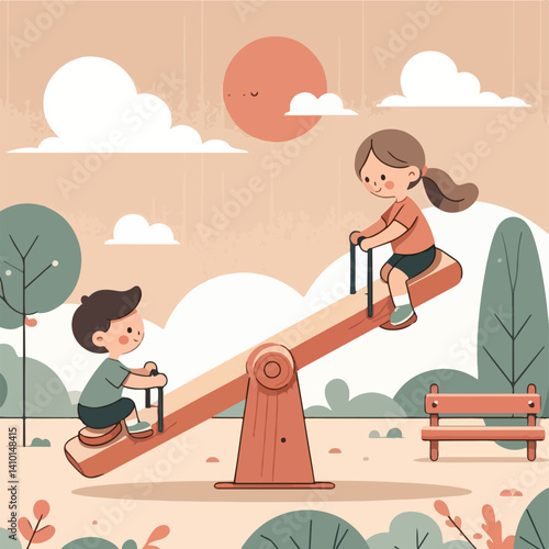 vector image of a child playing on a seesaw
