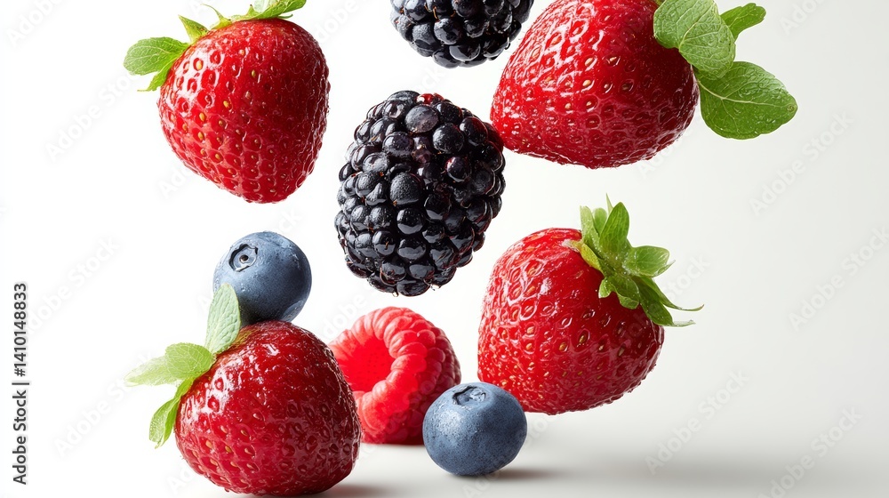 Bunch of strawberries and blueberries are flying through the air. Concept of freshness and abundance, as well as a feeling of joy and playfulness. The bright colors of the fruit Bunch of strawberries and blueberries are flying through the air. Concept of freshness and abundance, as well as a feeling of joy and playfulness. The bright colors of the fruit