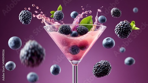 Glass of pink liquid with berries floating in it. The image has a playful and fun mood