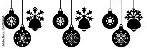 Hanging Christmas baubles with bells and snowflake designs, vector silhouette.