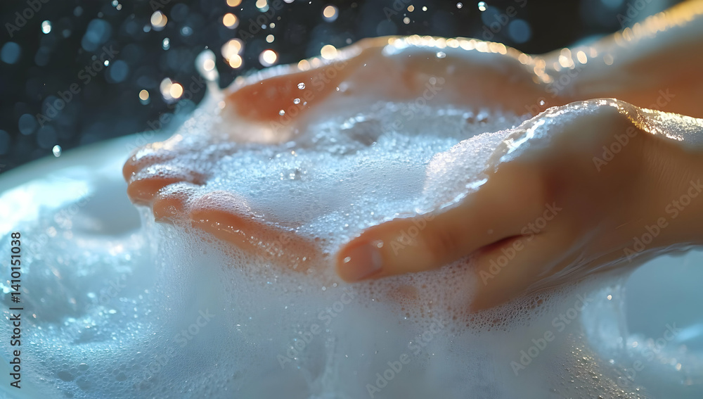 Fototapeta premium A close-up view of hands gently holding a pile of soft, fluffy bubbles, symbolizing cleanliness and relaxation in a soothing environment.