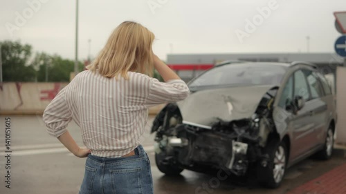 Worried woman examining her broken vehicle after a car crash, experiencing stress and frustration due to the unfortunate incident on the road