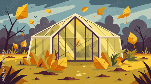 The greenhouse once a haven for thriving plants now resembles a graveyard with yellowing leaves dotting every corner a stark reminder of the harsh winter and lack of proper. Vector illustration