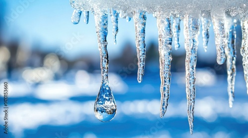 Beautiful icicles glisten in the sunlight, capturing the brilliance of winter. Chilling drops of water form on their tips, showcasing a stunning winter landscape with a blue backdrop.
