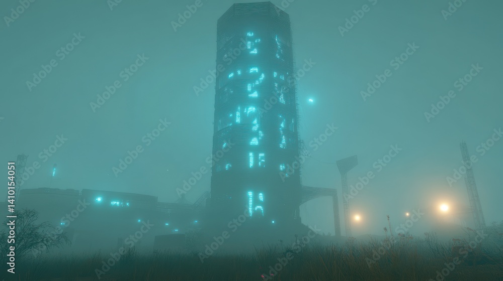 Mysterious Glowing Tower in Foggy Wasteland Mysterious Glowing Tower in Foggy Wasteland