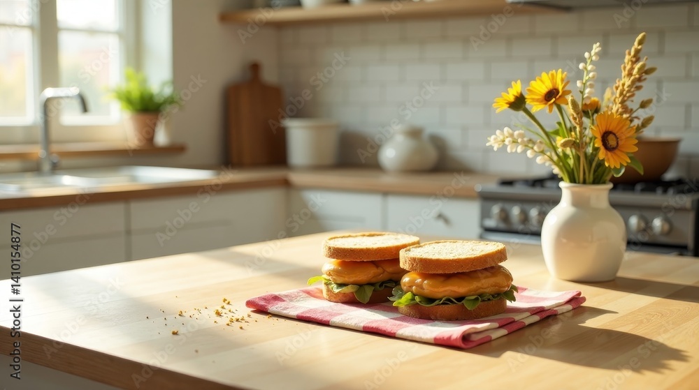Naklejka premium Sunlit Kitchen Countertop with Two Delicious Sandwiches and a Bouquet of Flowers