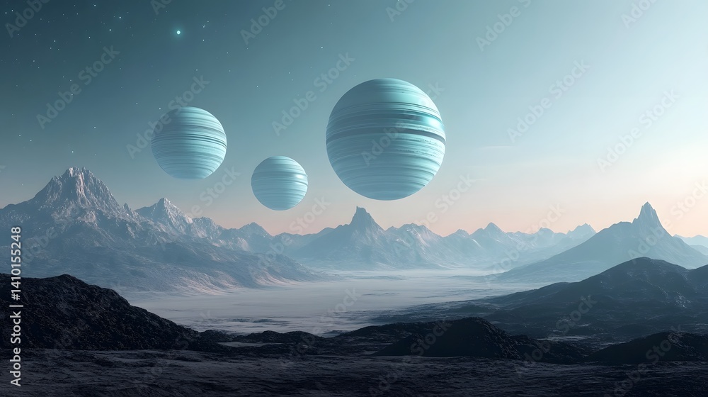 Mysterious Alien Landscape with Futuristic Floating Spheres and Celestial Horizon