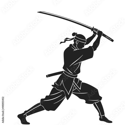 Black silhouette of a swordsman practicing.