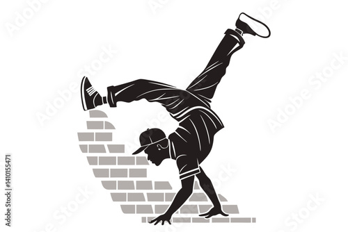 Break-dancer silhouette in retro streetwear on a brick wall background sticker, silhouette, Black Silhouette, white background
