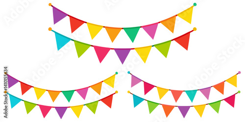 Colorful triangular bunting in rainbow hues, perfect for party decor, celebration banners, and cheerful garlands, with a minimalist design isolated on a white background.