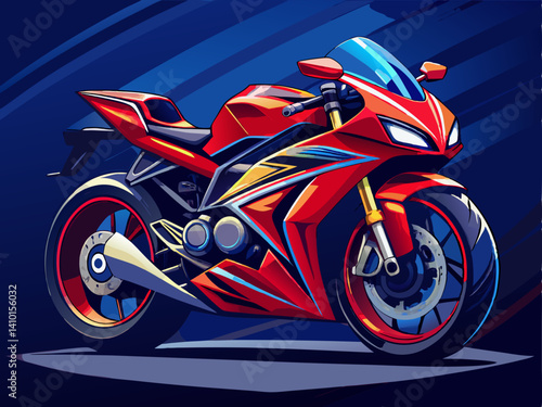 A dynamic vector of a red sportbike with aggressive curves, placed on a solid dark blue background