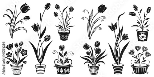 Set of  black art vector Tulip plants with pot silhouettes in different styles on a white background.