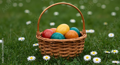 Colorful Easter eggs in a basket on green grass with daisies  
