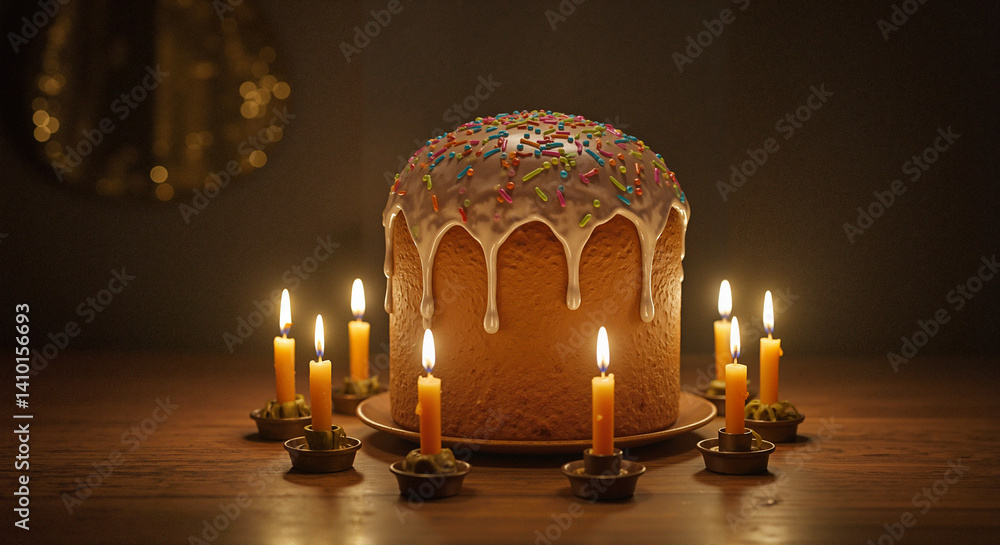 Festive cake with candles illuminated against a dark background