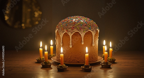 Obraz na płótnie Festive cake with candles illuminated against a dark background w salonie