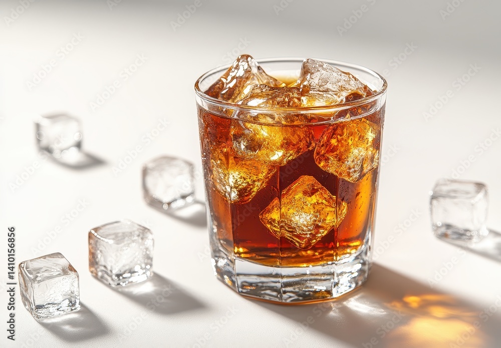 Close-Up of a Glass Filled with Brown Beverage and Ice Cubes on a Light Background for Beverage and Drink Concepts Close-Up of a Glass Filled with Brown Beverage and Ice Cubes on a Light Background for Beverage and Drink Concepts