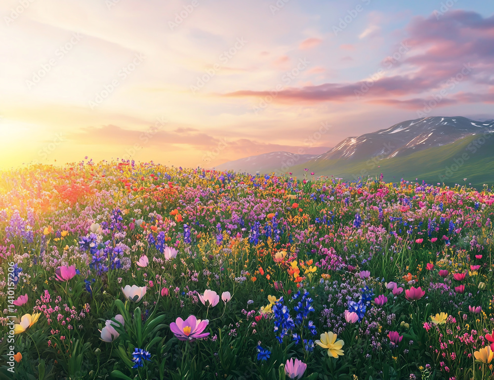 Obraz premium Vibrant Meadow of Wildflowers Under an Epic Sunset – Nature's Beauty in Full Glory
