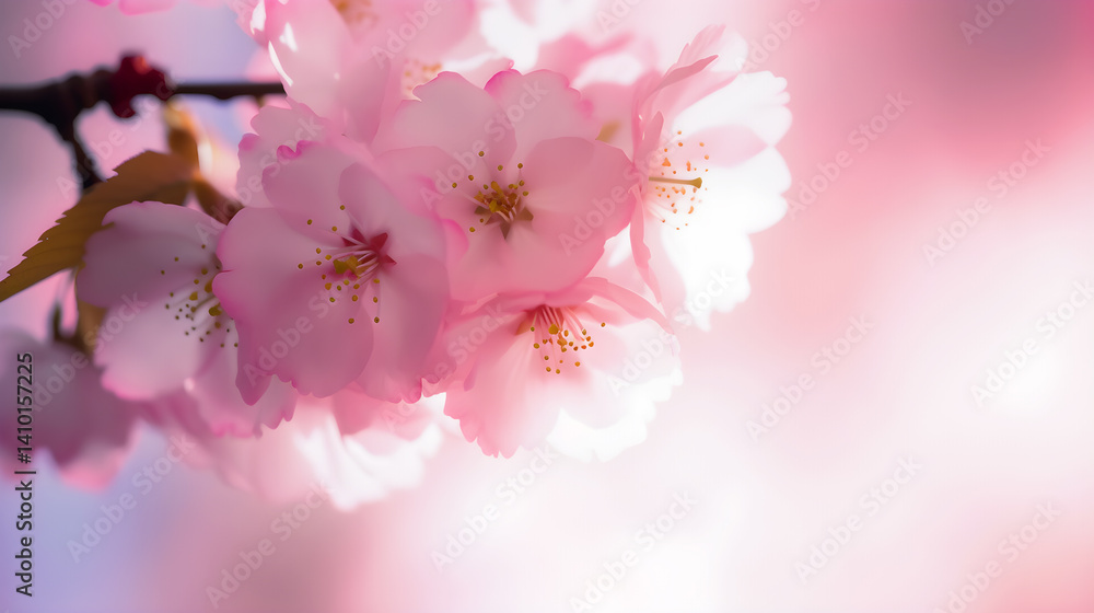 A pink and white cherry blossom branch with delicate petals and yellow stamens, set against a blurred pink and white background. A pink and white cherry blossom branch with delicate petals and yellow stamens, set against a blurred pink and white background.