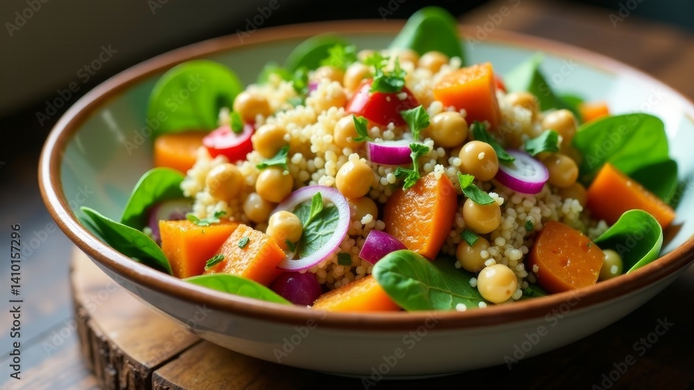 A vibrant autumnal couscous salad brimming with sweet potato, chickpeas, spinach, and red onion, served in a rustic bowl. A vibrant autumnal couscous salad brimming with sweet potato, chickpeas, spinach, and red onion, served in a rustic bowl.