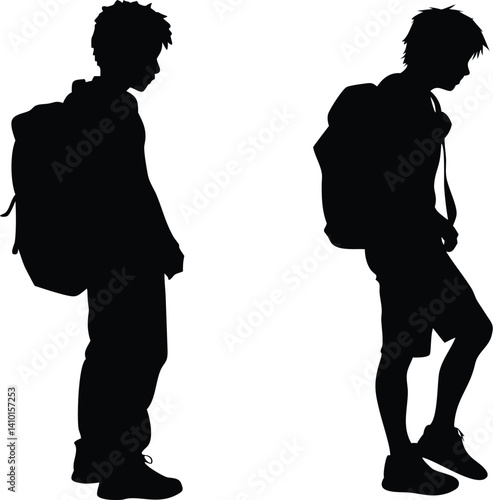 Teen Boy Silhouettes with Backpacks Standing Vector Illustration