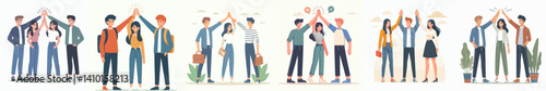 Vector collection of a group of young people giving each other high five, symbolizing the spirit of togetherness, friendship and joy.