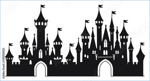 Black Castle Silhouette With Turrets And Flags On White Background Vector