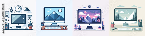 A vector collection of a computer on a work desk with a natural landscape on the screen, depicting a comfortable, creative and nature-inspired working atmosphere.