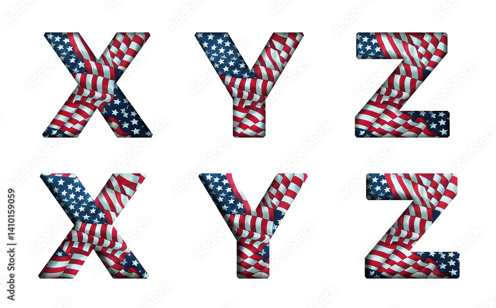 Obraz premium Red and blue usa Patriotic pattern american flag is waving X, Y, Z Alphabet letter text typography font image