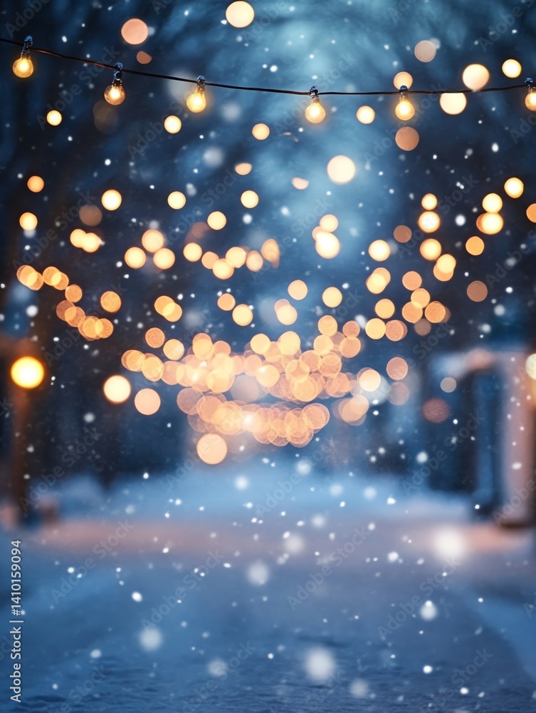 Obraz premium Falling Snow in Winter Street with Bokeh Lights and Holiday Feeling