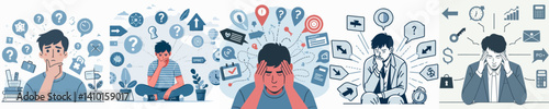 A vector collection of people looking overwhelmed with too many thoughts or information, depicting stress, mental pressure, or overthinking.