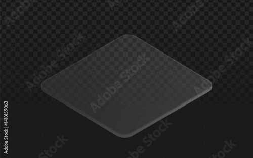 A square, flat glass plate with slightly rounded corners, lying at an angle on a transparent dark checkered background.