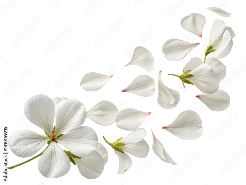Fototapeta premium Delicate geranium flowers gracefully scatter, showcasing their soft white petals and subtle pink accents in serene and beautiful display