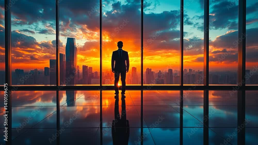 Silhouette of a Businessman Contemplating a Stunning Sunset Over a Cityscape Silhouette of a Businessman Contemplating a Stunning Sunset Over a Cityscape
