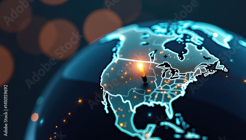 A digital globe highlights North America with illuminated cities and a glowing pin, symbolizing connectivity and innovation. This modern design celebrates 
