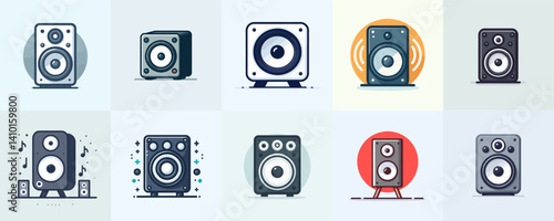 Collection of vector illustrations of speakers with various designs and styles, representing audio devices for listening to music, sound or other entertainment.