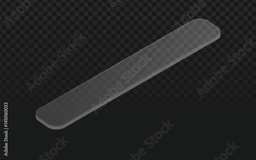 A long, rectangular gray nail file with rounded ends, angled slightly on a transparent dark checkered background. Represents nail care and grooming.