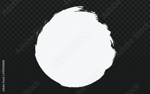 A roughly circular white paint or brush stroke with textured edges, isolated on a transparent dark checkered background. Suitable for use as a text box, artistic element, or highlight.
