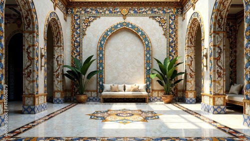 Elegant Interior Design Sunlit Palace Courtyard with Ornate Archways and Luxurious Seating