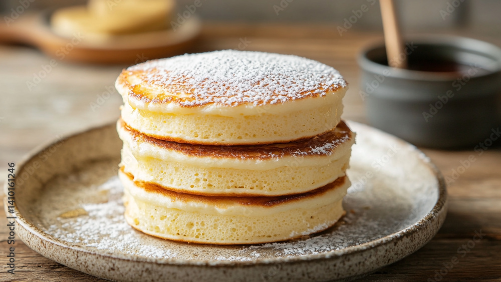 Fluffy Pancakes A Stack of Delicate Powdered Pancakes Fluffy Pancakes A Stack of Delicate Powdered Pancakes