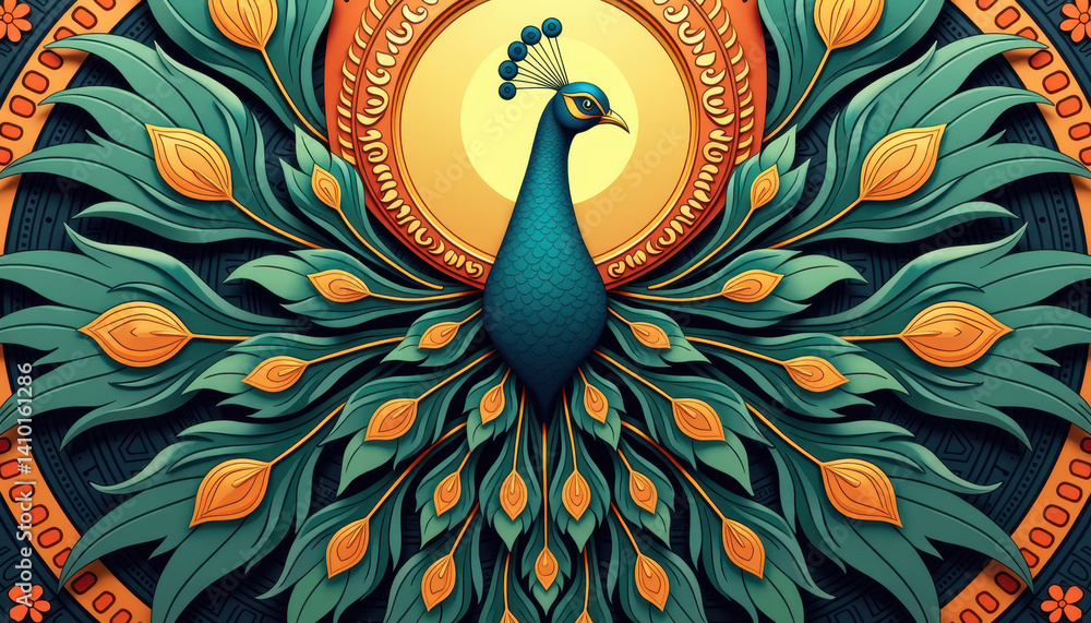 Fototapeta premium A stylized peacock with vibrant teal and orange feathers is set against an ornate circular background. This intricate design celebrates the elegance of 