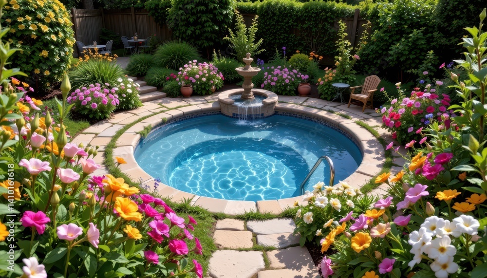 Dreamy Floral Retreat: Generate a whimsical retreat with a circular pool surrounded by an array of colorful flowers, capturing the essence of tranquility. Dreamy Floral Retreat: Generate a whimsical retreat with a circular pool surrounded by an array of colorful flowers, capturing the essence of tranquility.
