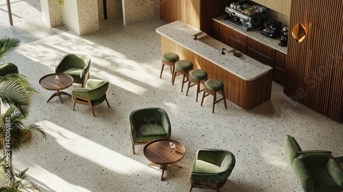 Lobby cafe; modern chairs, bar; sunlight; terrazzo floor; hotel lounge