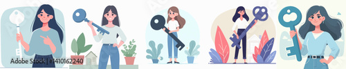 A vector collection of women holding a big key, symbolizing that they have control, a solution, or access to something important in life.