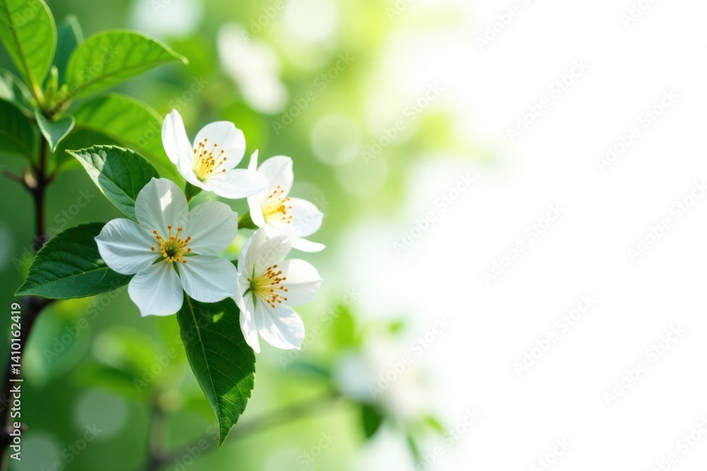 White flowers and lush green leaves of a tree on a white background, outdoor, branch White flowers and lush green leaves of a tree on a white background, outdoor, branch