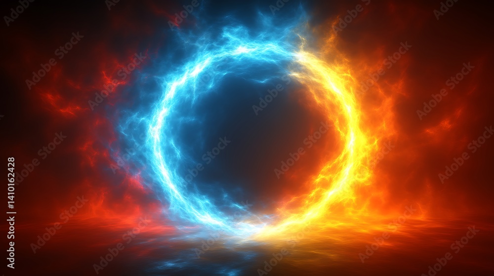 Fototapeta premium Fiery and Icy Energy Forms a Circular Portal